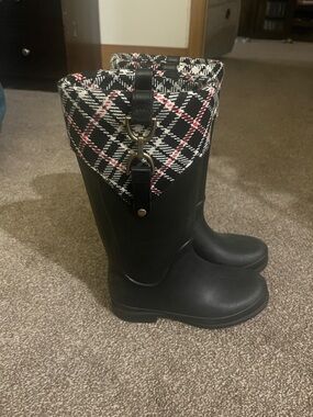 Crocs Rain Boots with Plaid Cuff and Buckle Detail